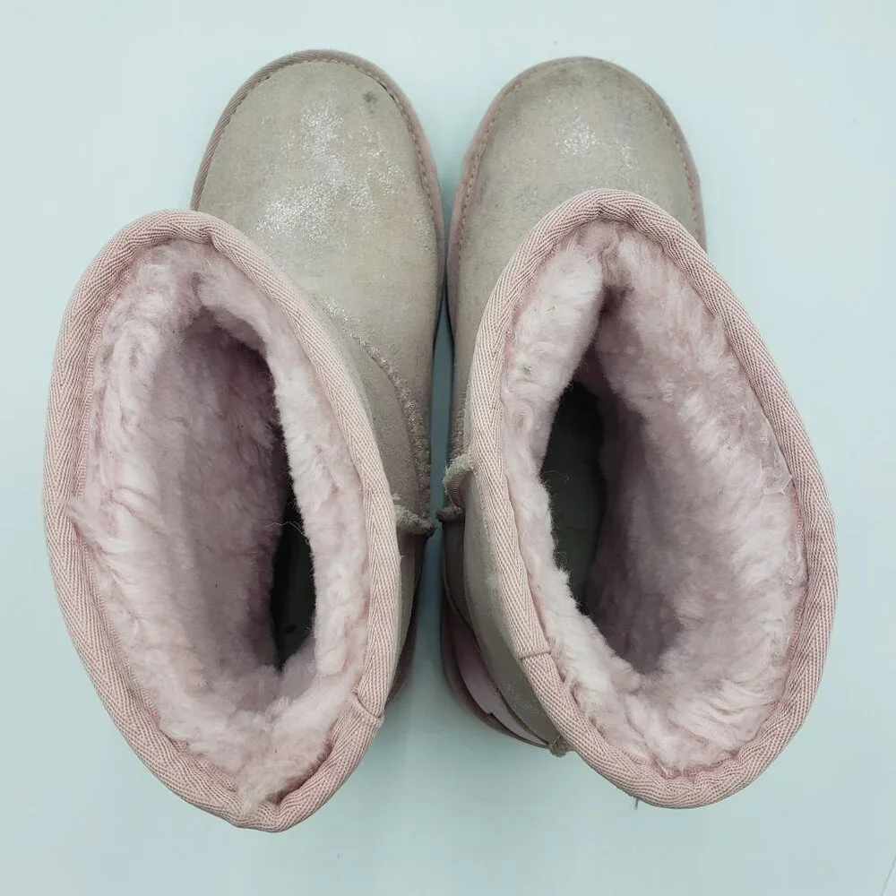 UGG Classic Mini Boots 6 Youth Girls Shearling Shimmer Metallic Pink